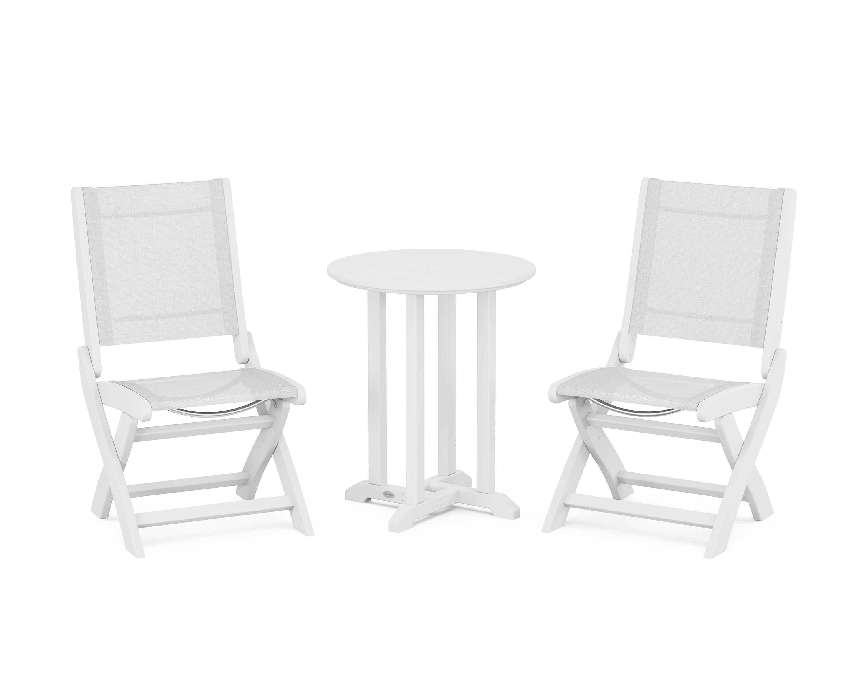 POLYWOOD® Coastal Folding Side Chair 3-Piece Round Bistro Dining Set in White / White Sling