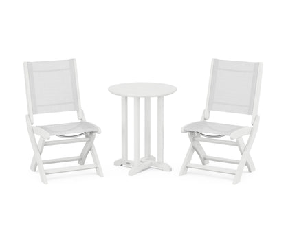 POLYWOOD® Coastal Folding Side Chair 3-Piece Round Bistro Dining Set in White / White Sling
