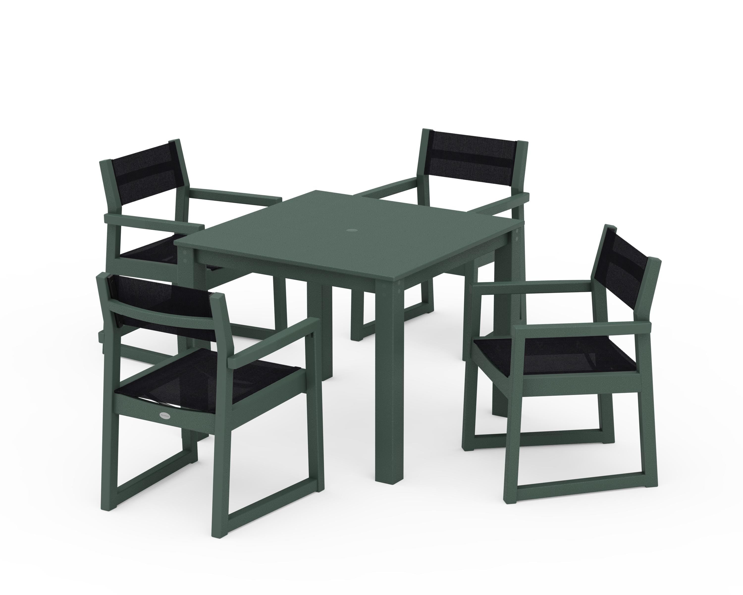 POLYWOOD® EDGE Sling Arm Chair 5-Piece Parsons Dining Set in Green / Black Sling
