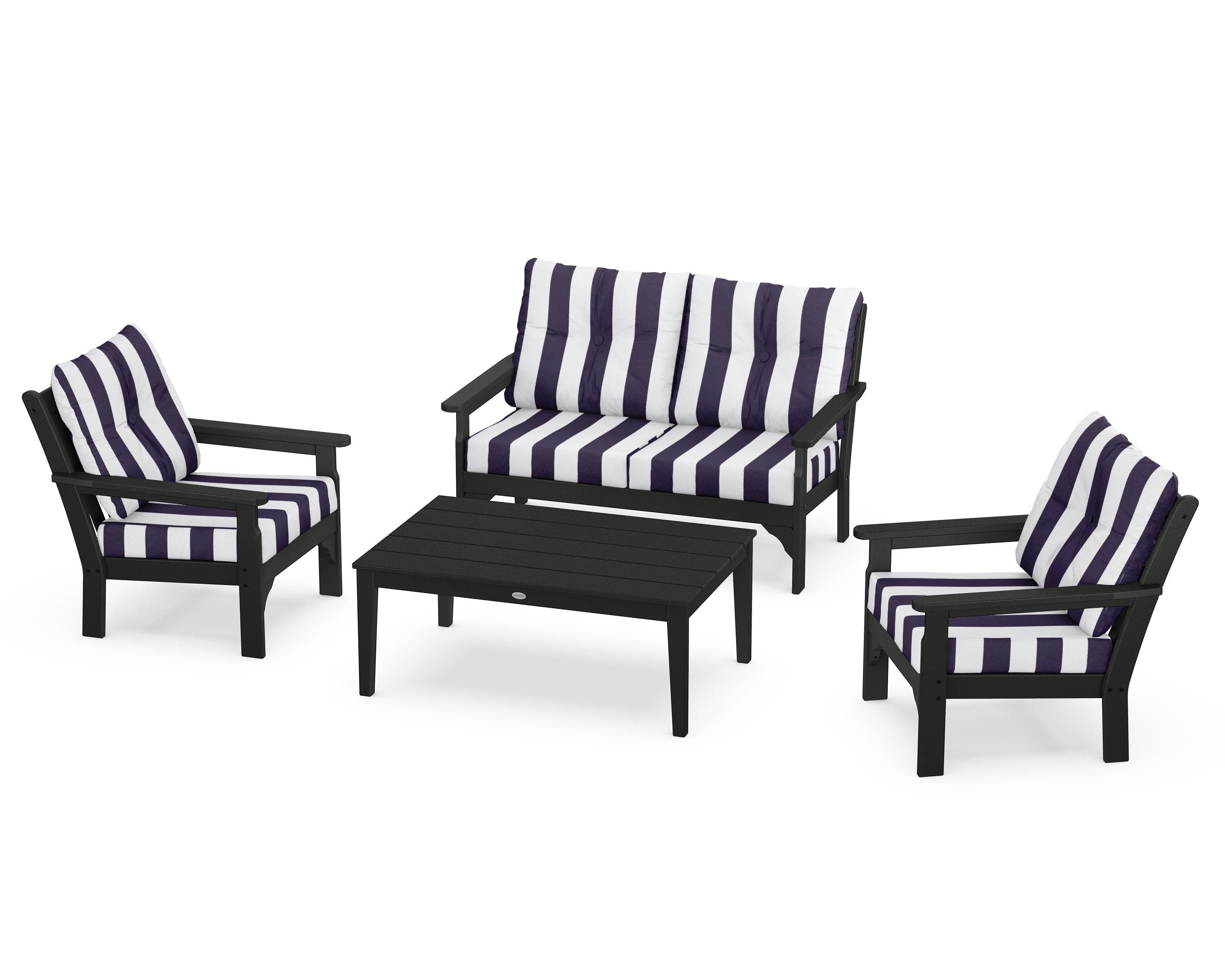 POLYWOOD® Vineyard 4-Piece Deep Seating Set in Black / Cabana Stripe Navy