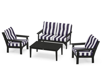 POLYWOOD® Vineyard 4-Piece Deep Seating Set in Black / Cabana Stripe Navy
