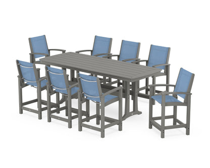 POLYWOOD® Coastal 9-Piece Counter Set with Trestle Legs in Slate Grey / Poolside Sling