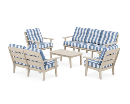 POLYWOOD® Lakeside 5-Piece Lounge Sofa Set in Sand / Cabana Stripe Sky Blue
