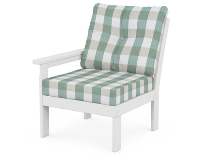 POLYWOOD® Vineyard Modular Left Arm Chair in White / Buffalo Plaid Glacier Spa