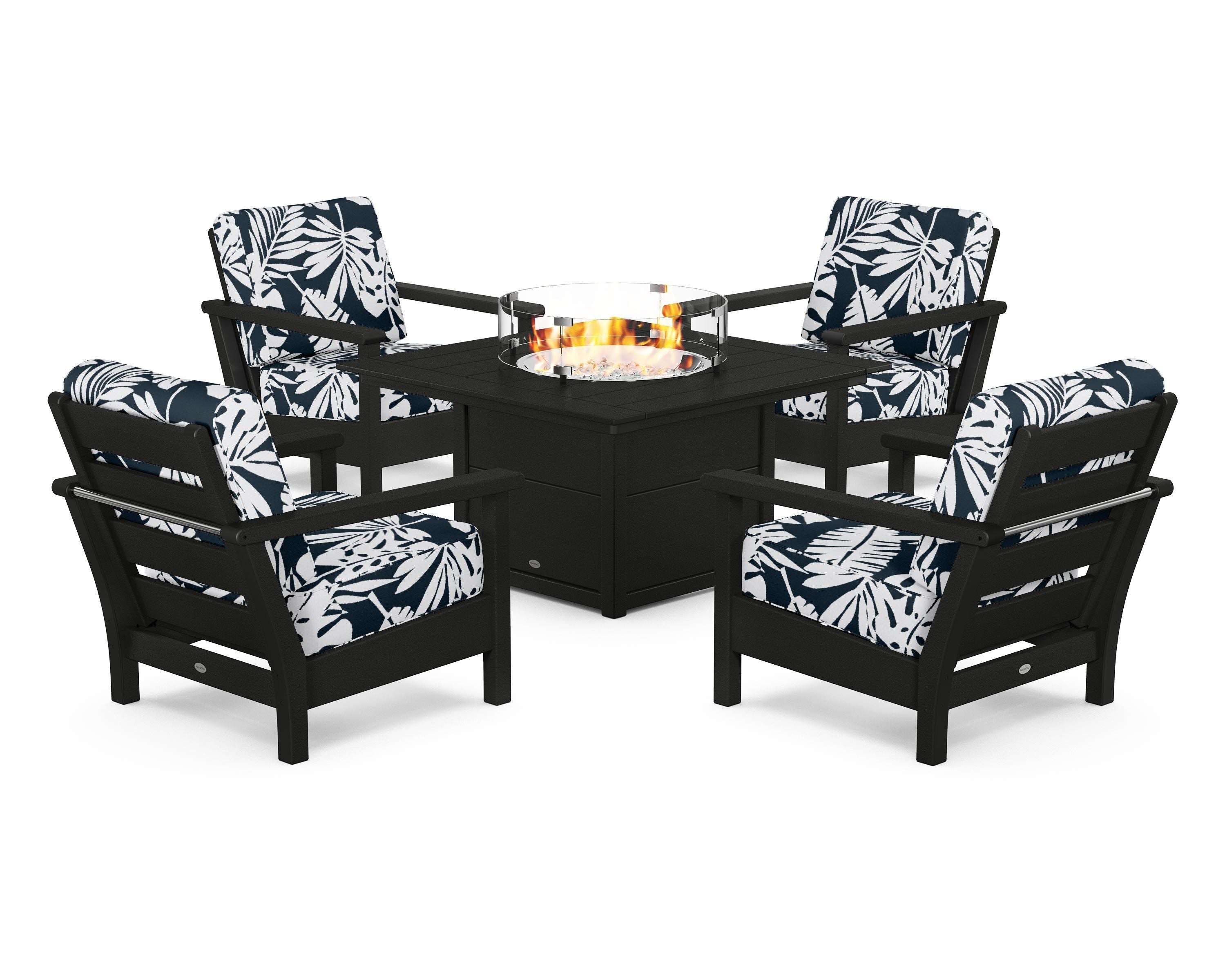POLYWOOD® Harbour 5-Piece Conversation Set with Fire Pit Table in Black / Leaf Marine Indigo