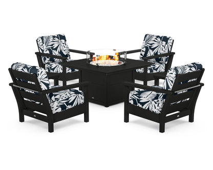 POLYWOOD® Harbour 5-Piece Conversation Set with Fire Pit Table in Black / Leaf Marine Indigo
