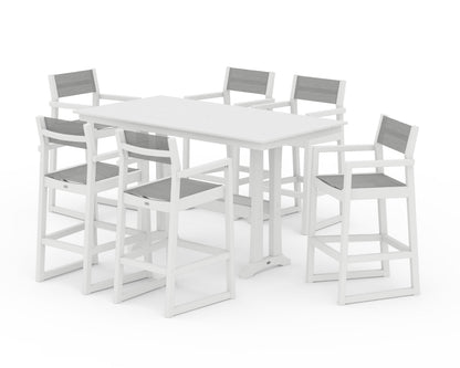 POLYWOOD® EDGE Sling Arm Chair 7-Piece Farmhouse Bar Set with Trestle Legs in White / Metallic Sling