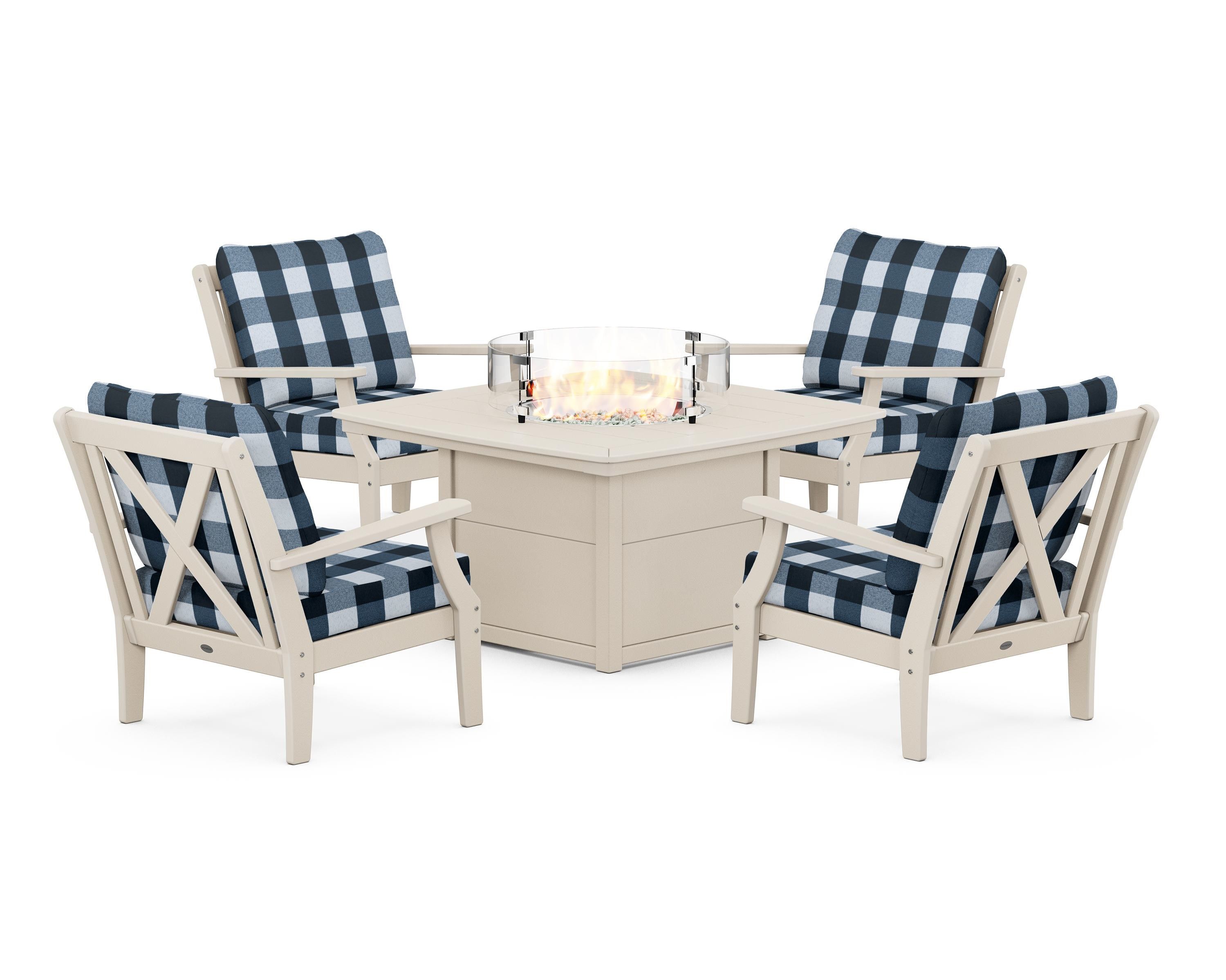 POLYWOOD® Braxton 5-Piece Deep Seating Conversation Set with Fire Pit Table in Sand / Buffalo Plaid Marine Indigo