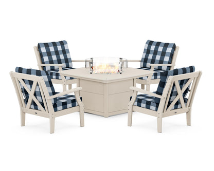 POLYWOOD® Braxton 5-Piece Deep Seating Conversation Set with Fire Pit Table in Sand / Buffalo Plaid Marine Indigo