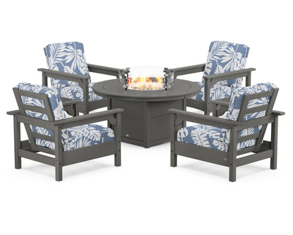 POLYWOOD® Club 5-Piece Conversation Set with Fire Pit Table in Slate Grey / Leaf Sky Blue