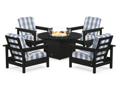 POLYWOOD® Club 5-Piece Conversation Set with Fire Pit Table in Black / Buffalo Plaid Sky Blue