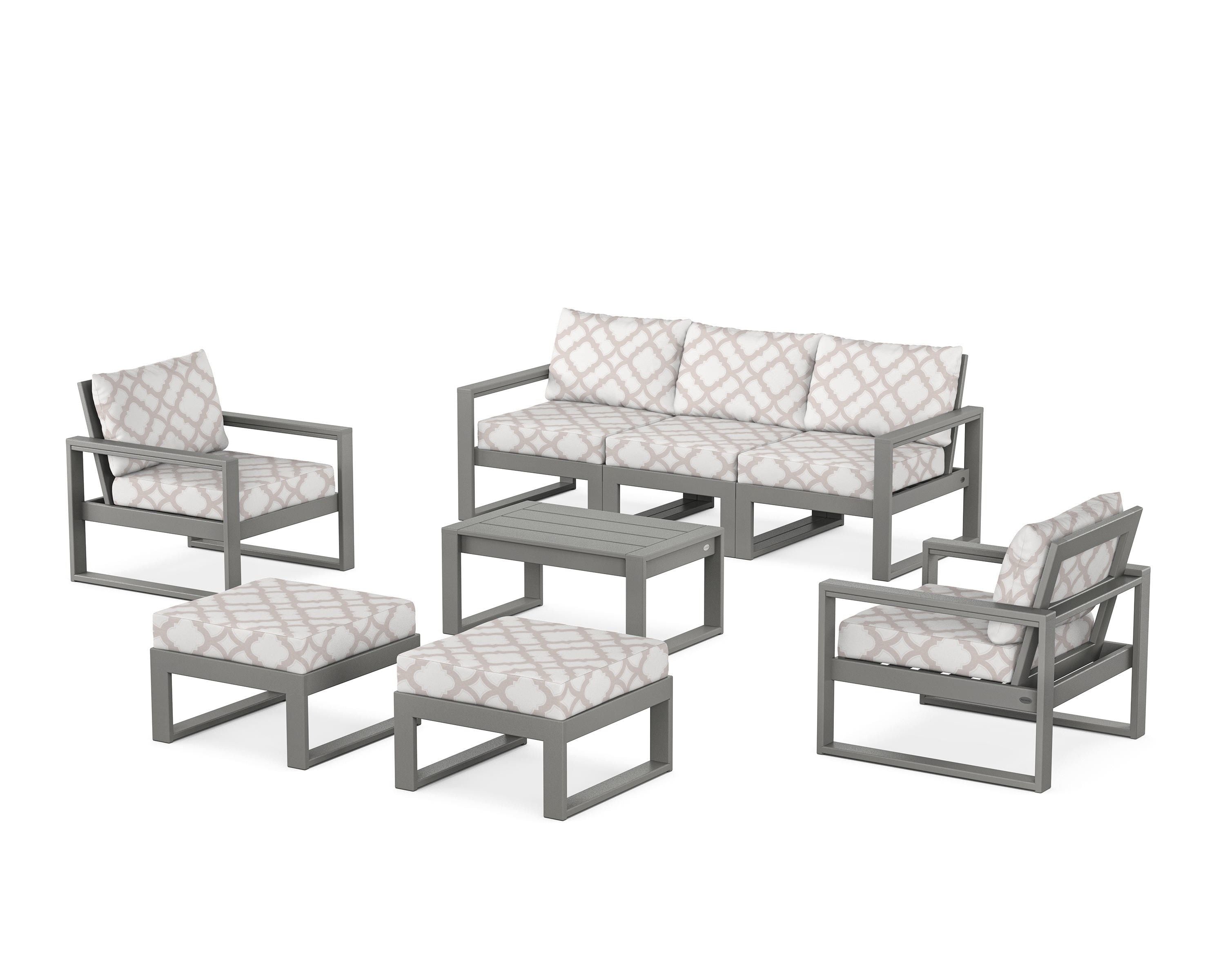 POLYWOOD® EDGE Sectional 8-Piece Lounge Sofa Set in Slate Grey / Trellis Dune Burlap