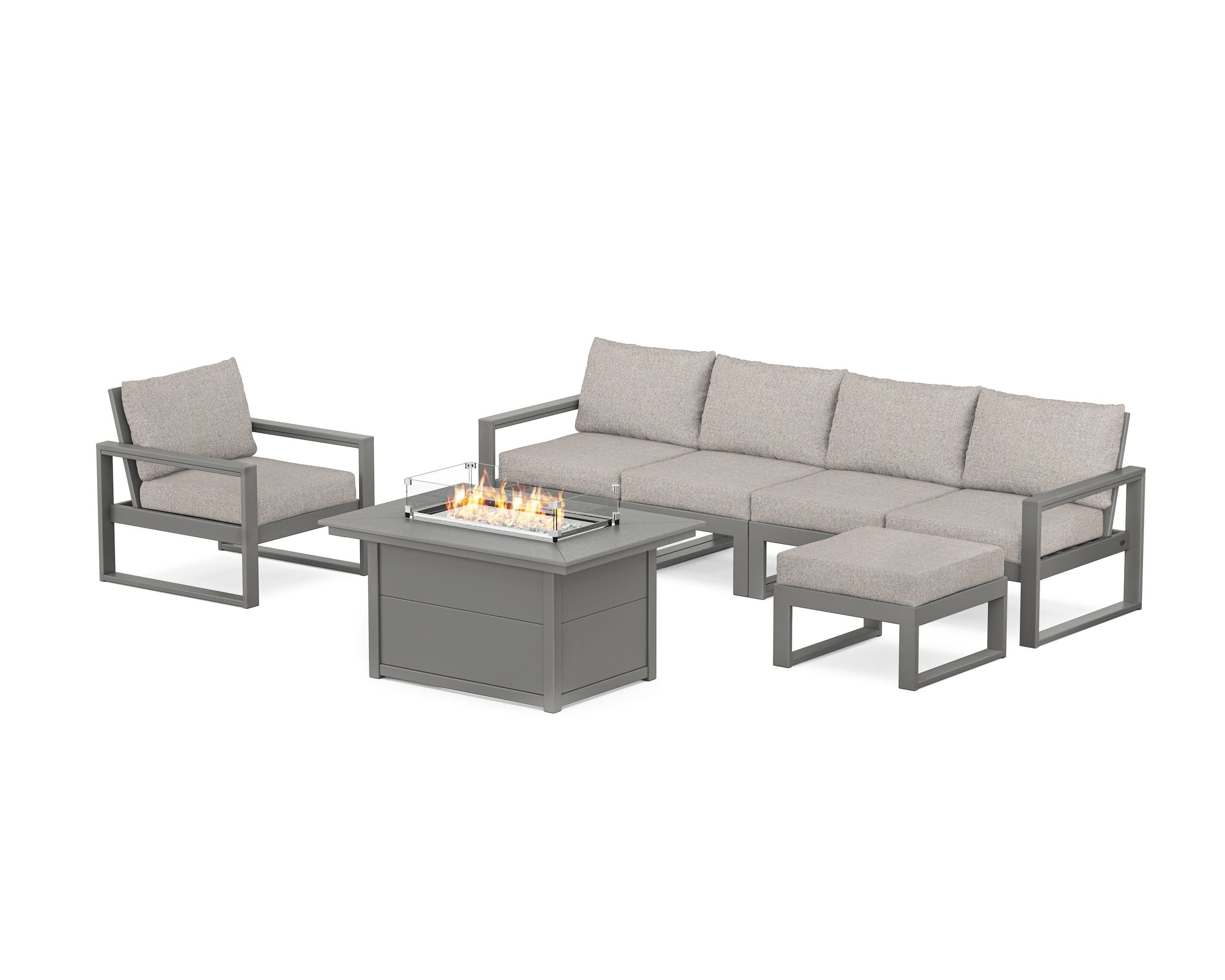 POLYWOOD® EDGE Sectional Lounge and Fire Pit Set in Slate Grey / Weathered Tweed