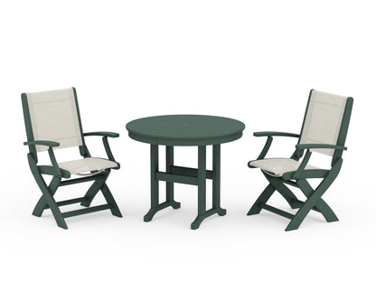 POLYWOOD® Coastal Folding Chair 3-Piece Round Dining Set in Green / Parchment Sling
