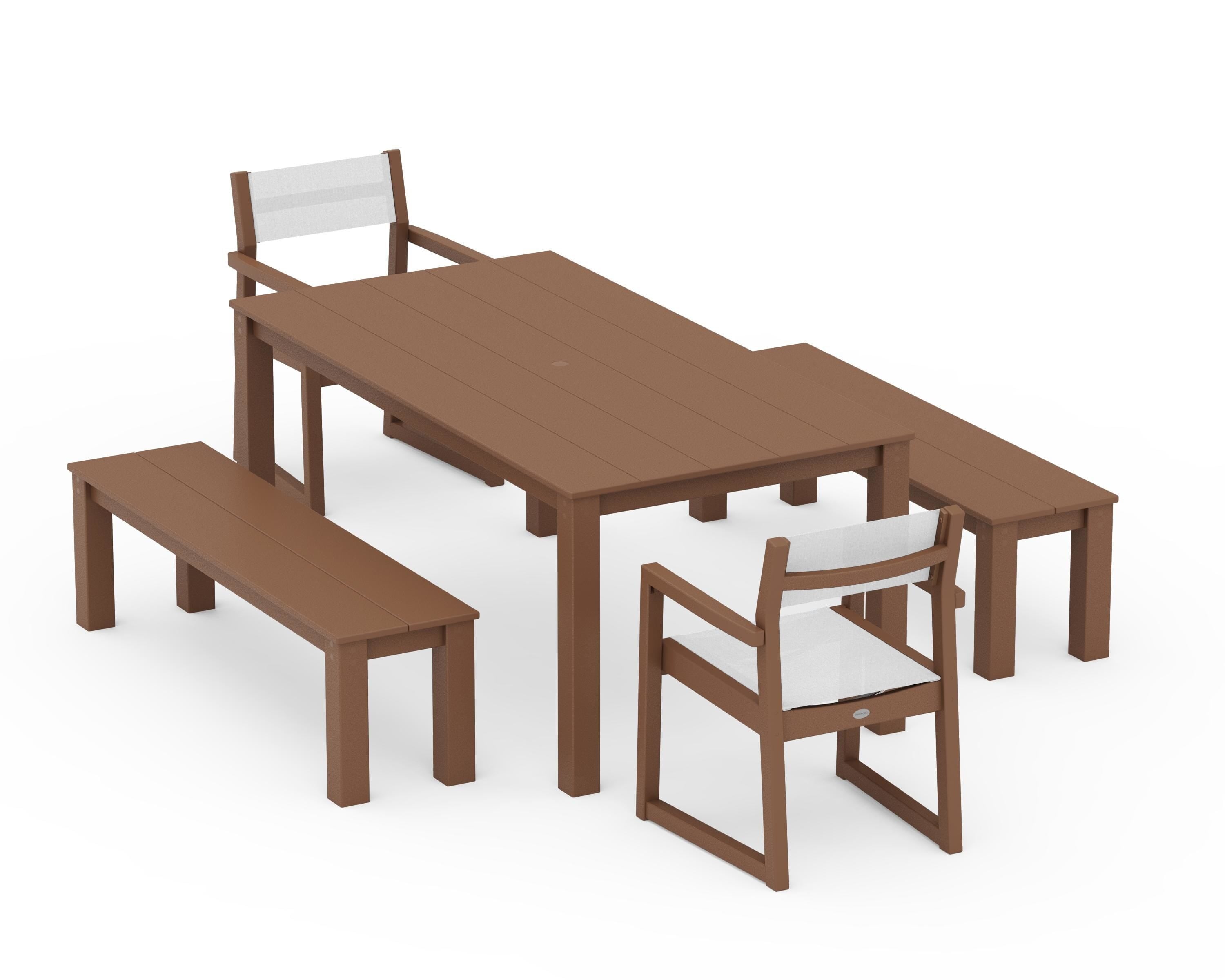 POLYWOOD® EDGE Sling Arm Chair 5-Piece Parsons Dining Set with Benches in Teak / White Sling