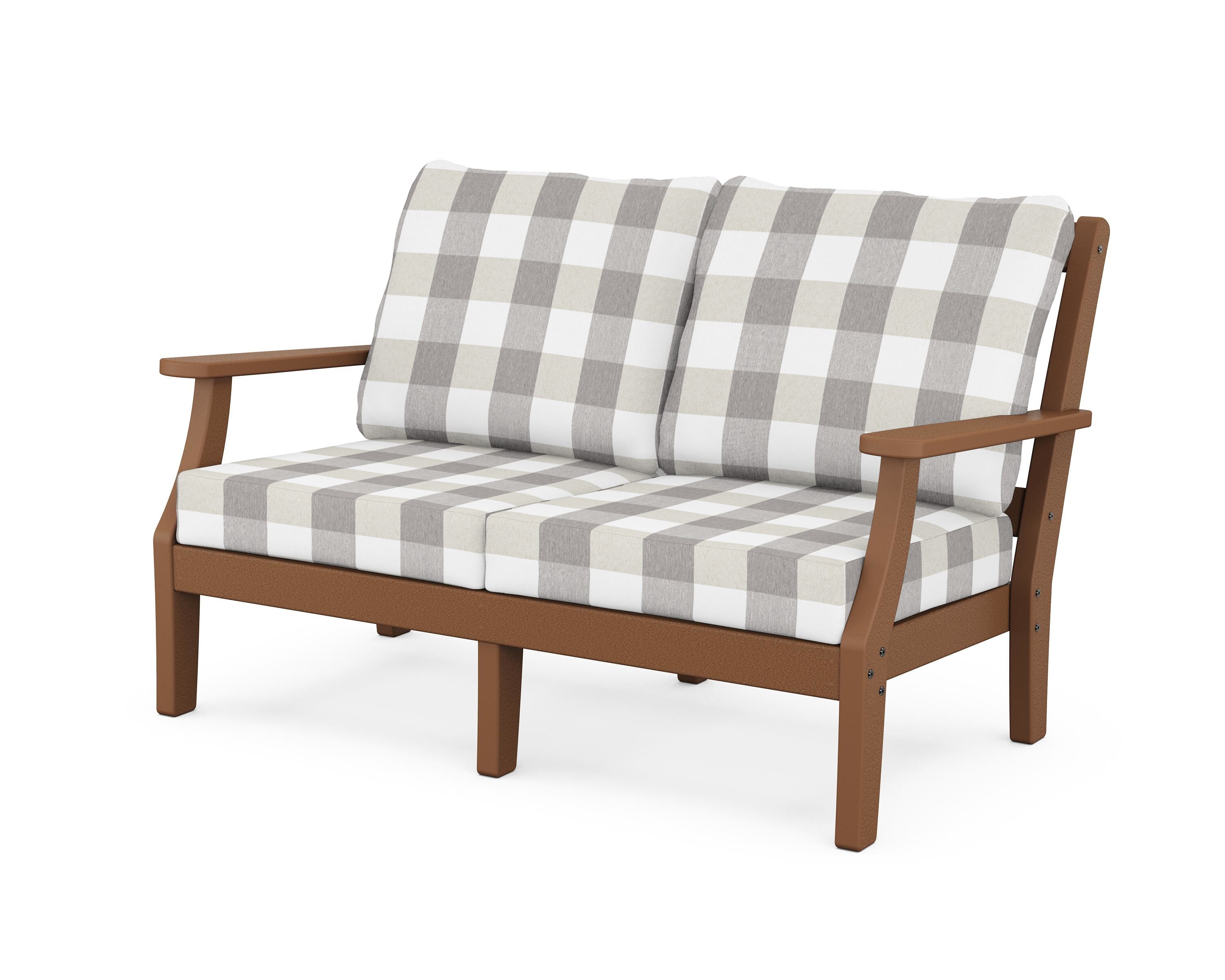 Martha Stewart by POLYWOOD® Chinoiserie Deep Seating Loveseat in Teak / Buffalo Plaid Grey Mist