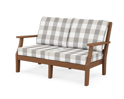 Martha Stewart by POLYWOOD® Chinoiserie Deep Seating Loveseat in Teak / Buffalo Plaid Grey Mist