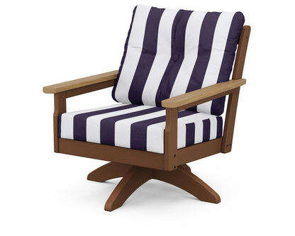 POLYWOOD® Vineyard Deep Seating Swivel Chair in Teak / Natural / Cabana Stripe Navy