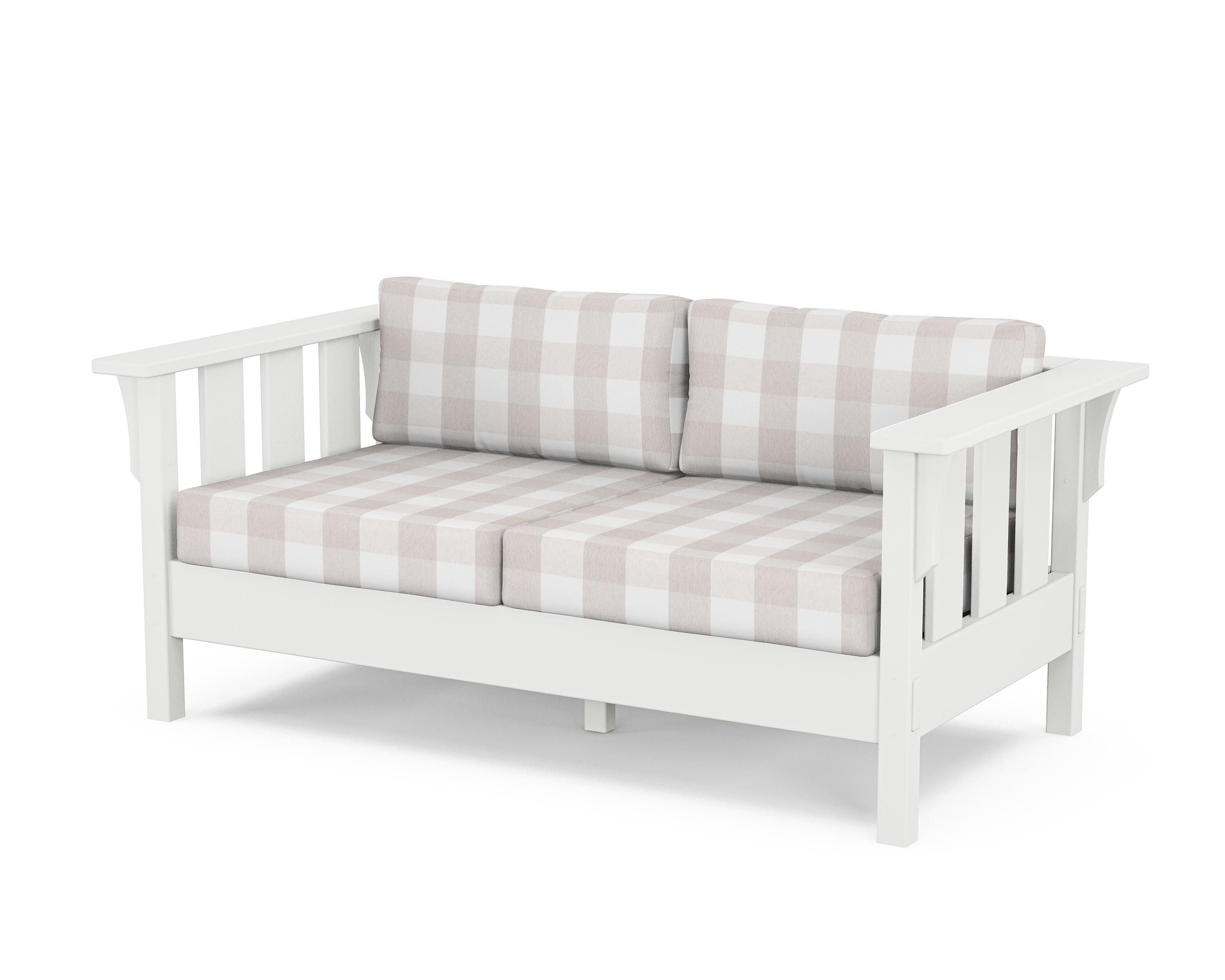 Martha Stewart by POLYWOOD® Acadia Deep Seating Loveseat in White / Buffalo Plaid Dune Burlap