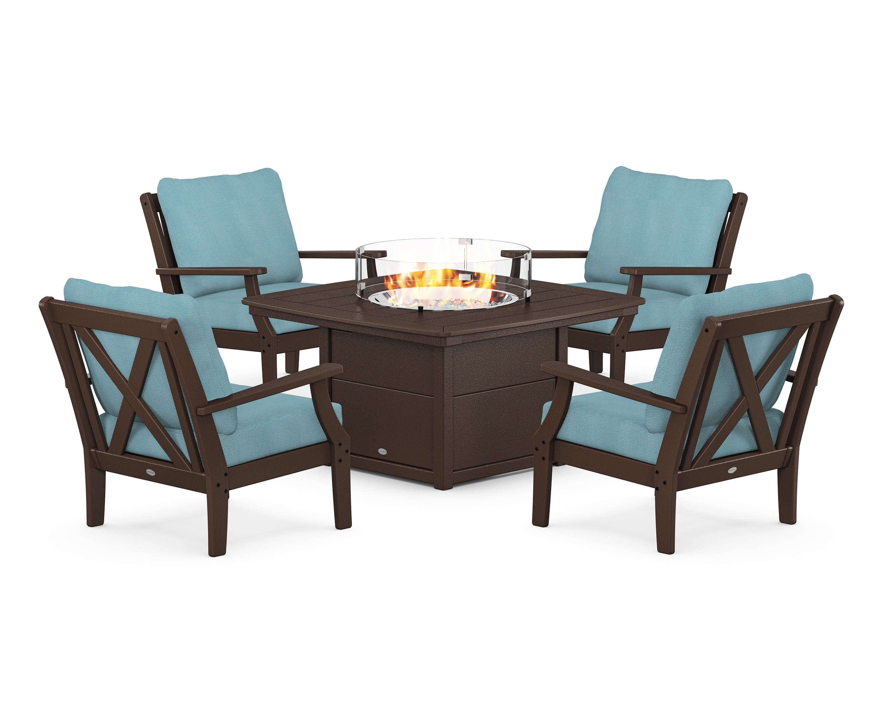 POLYWOOD® Braxton 5-Piece Deep Seating Conversation Set with Fire Pit Table in Mahogany / Lattice Sky Blue