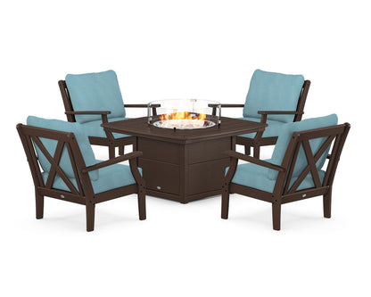 POLYWOOD® Braxton 5-Piece Deep Seating Conversation Set with Fire Pit Table in Mahogany / Lattice Sky Blue