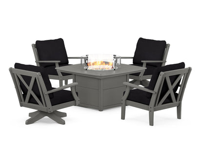 POLYWOOD® Braxton 5-Piece Deep Seating Set with Fire Table in Slate Grey / Midnight Linen