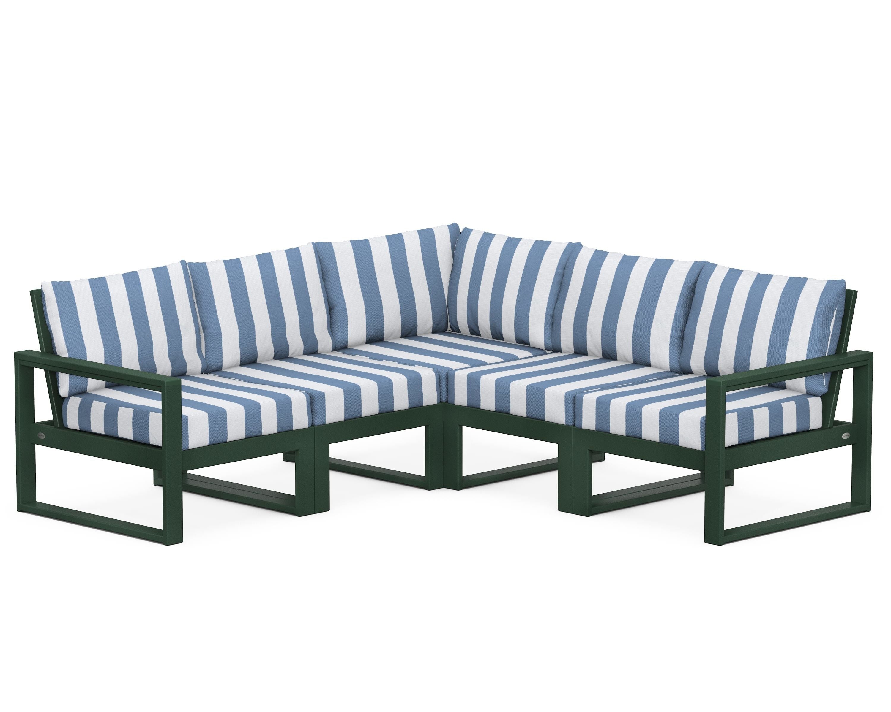 POLYWOOD® EDGE 5-Piece Modular Deep Seating Set in Green / Cabana Stripe Sky Blue