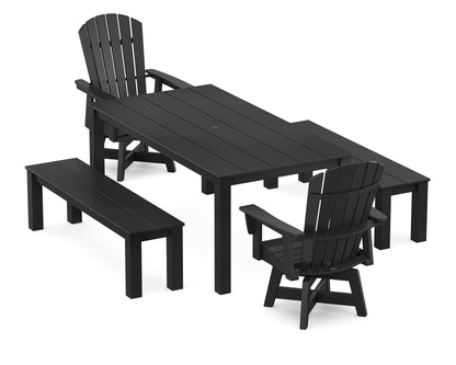 POLYWOOD® Nautical Curveback Adirondack Swivel 5-Piece Parsons Dining Set with Benches in Black