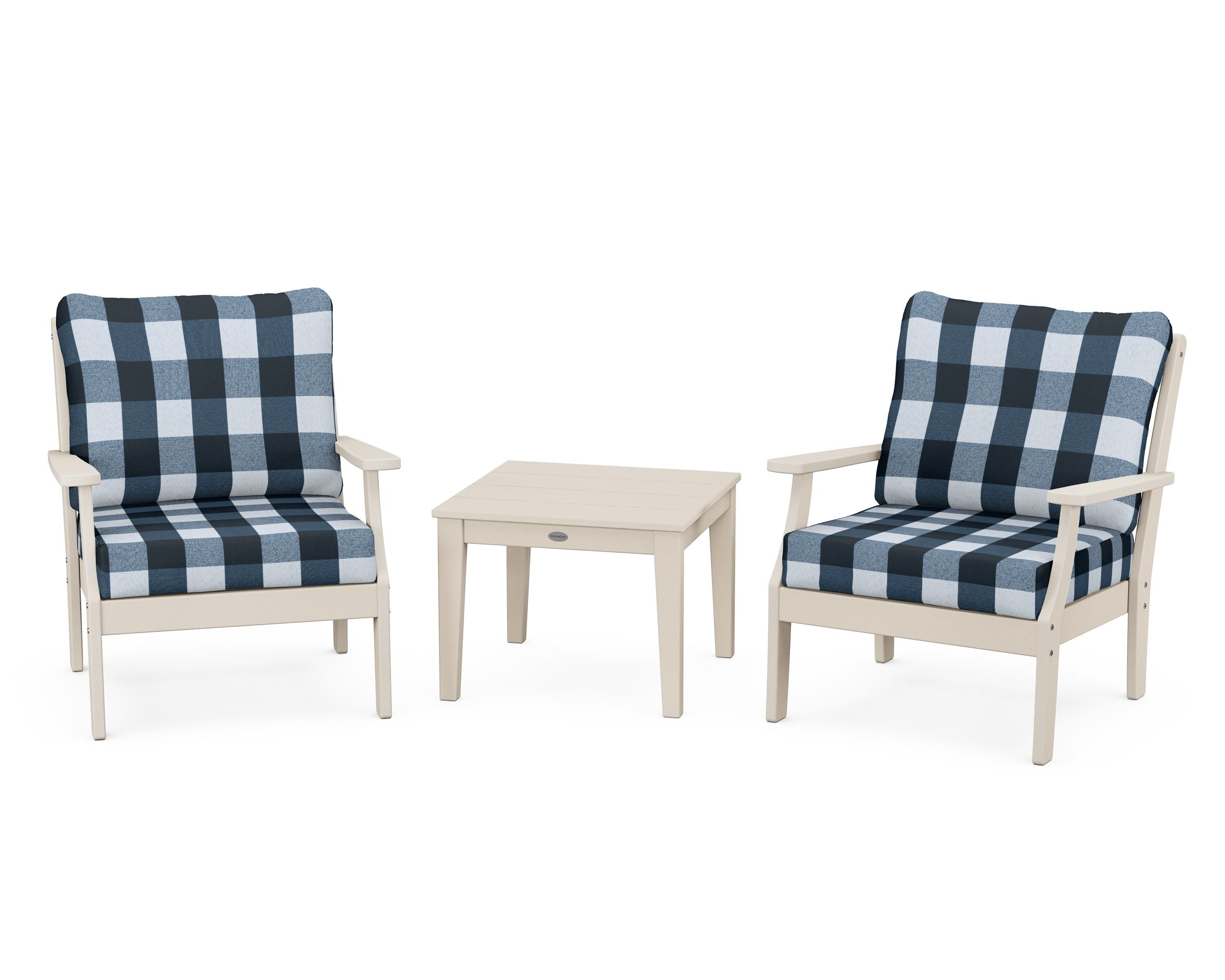 POLYWOOD® Braxton 3-Piece Deep Seating Set in Sand / Buffalo Plaid Marine Indigo