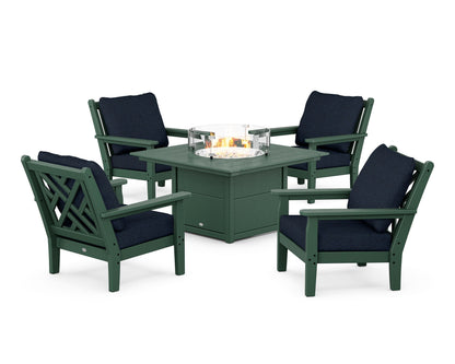 POLYWOOD® Chippendale 5-Piece Deep Seating Set with Fire Pit Table in Green / Marine Indigo