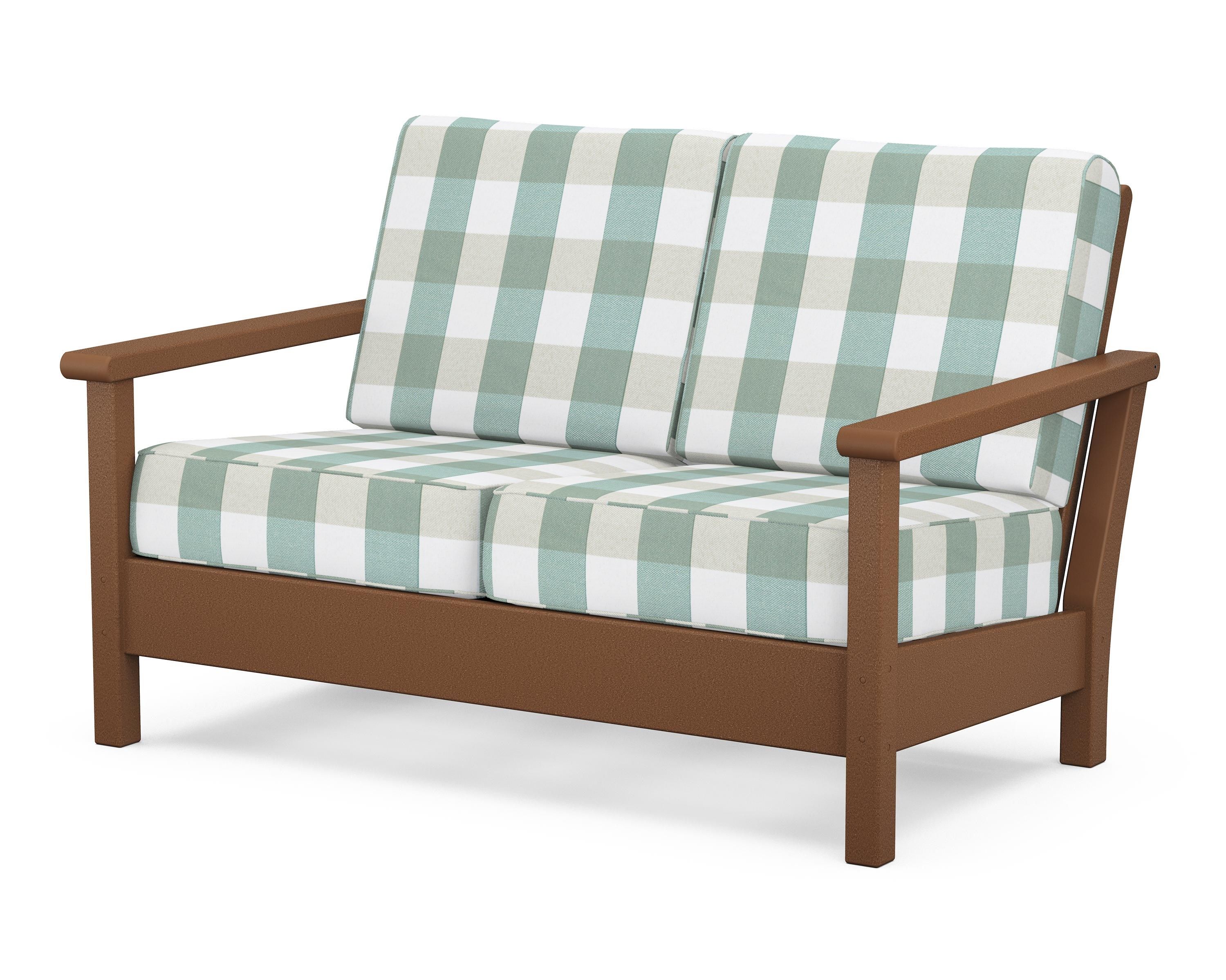 POLYWOOD® Harbour Deep Seating Loveseat in Teak / Buffalo Plaid Glacier Spa