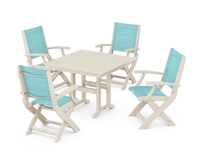 POLYWOOD® Coastal Folding Chair 5-Piece Farmhouse Dining Set in Sand / Dupioni Aquamarine Sling
