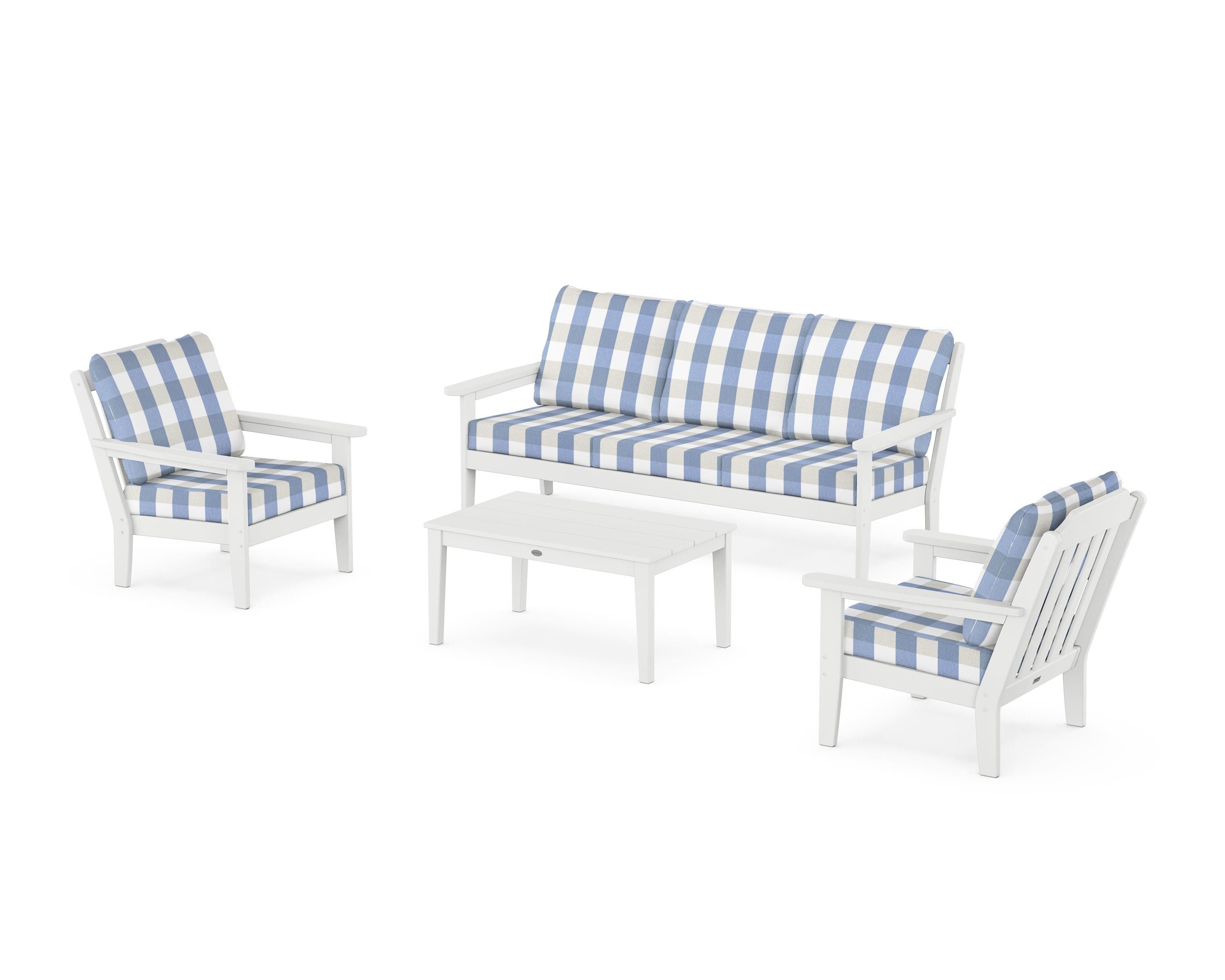 Country Living Cottage 4-Piece Deep Seating Set with Sofa in White / Buffalo Plaid Sky Blue