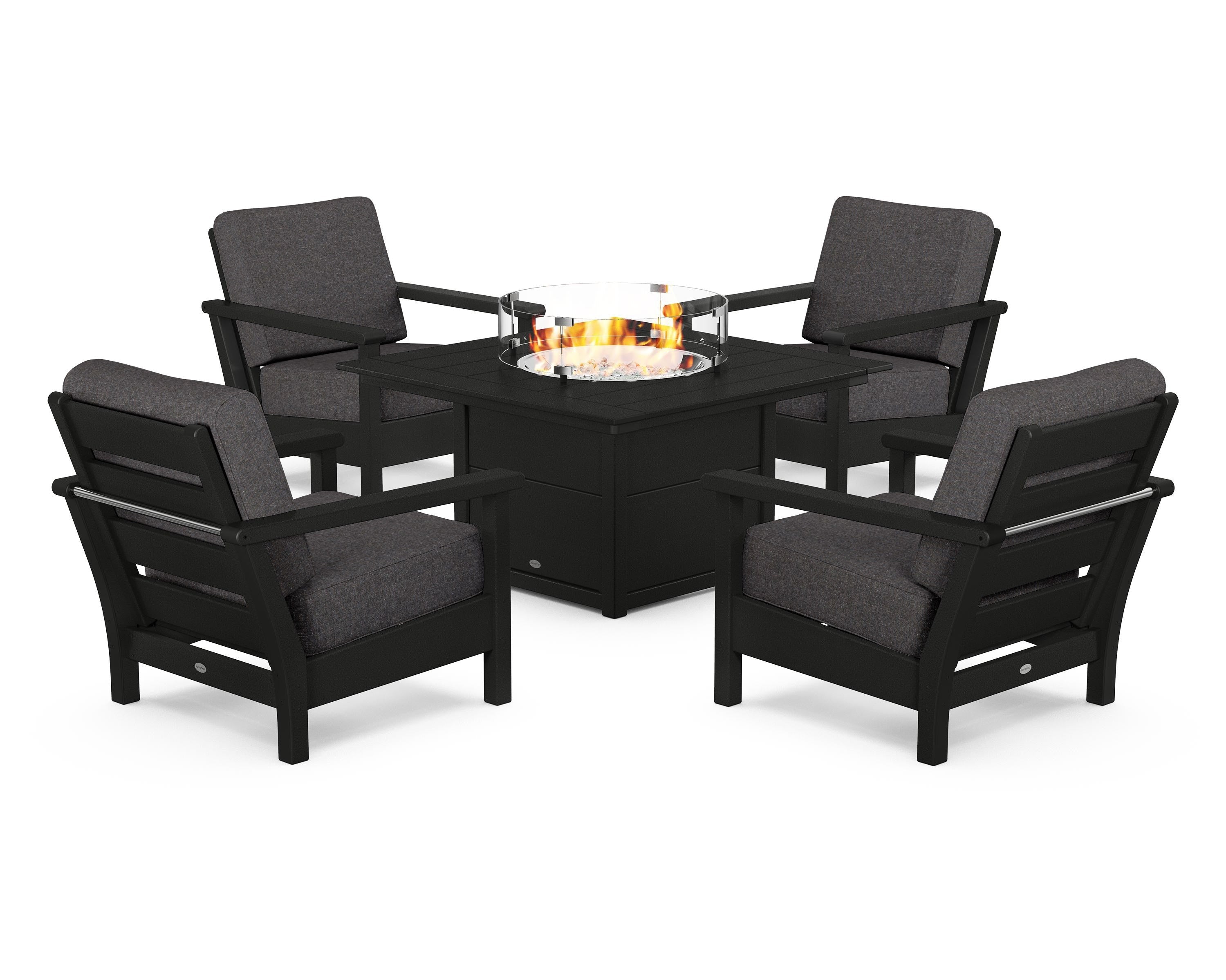 POLYWOOD® Harbour 5-Piece Conversation Set with Fire Pit Table in Black / Ash Charcoal