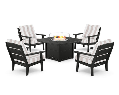 POLYWOOD® Lakeside 5-Piece Deep Seating Set with Nautical Fire Pit Table in Black / Cabana Stripe Dune Burlap