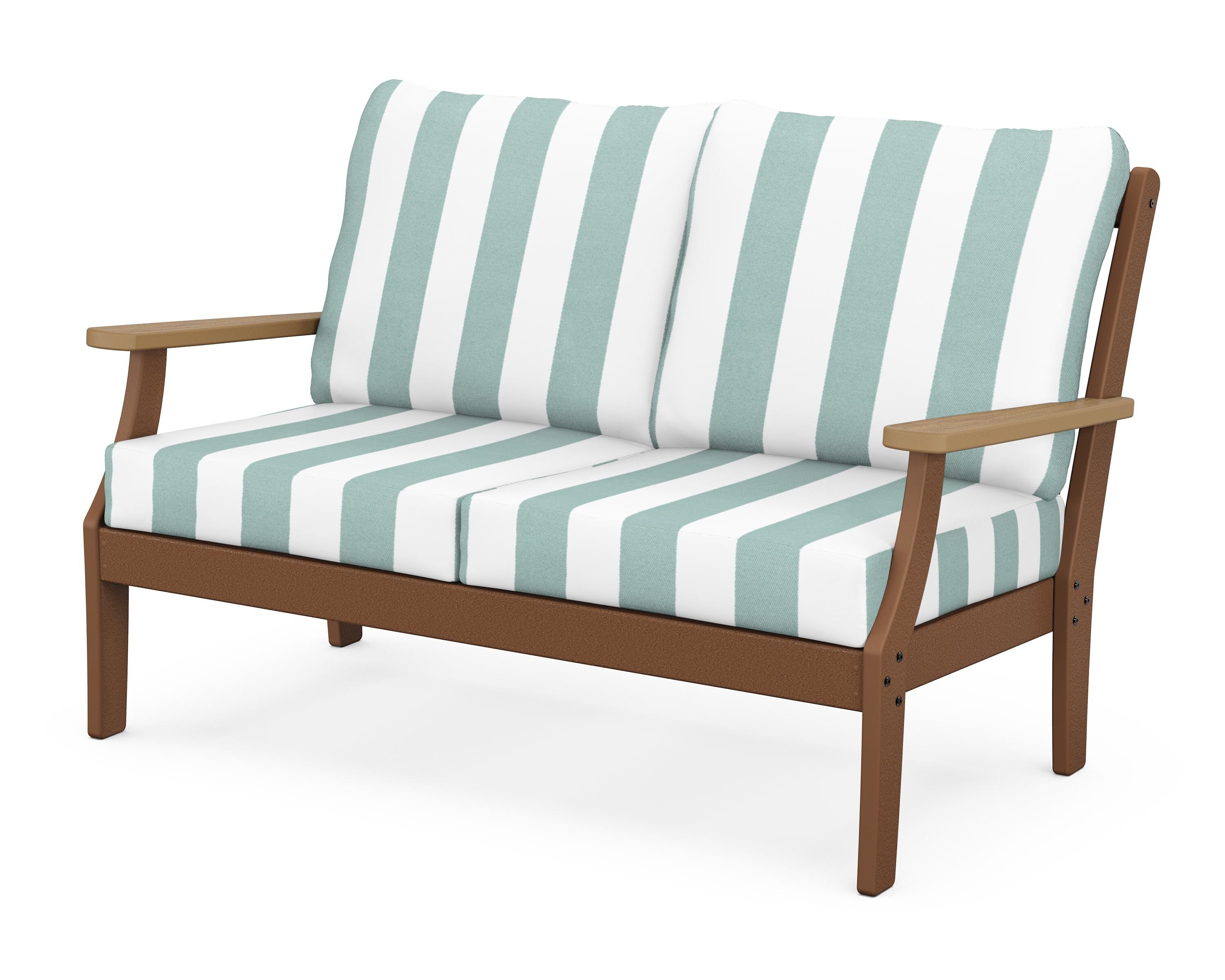 POLYWOOD® Braxton Deep Seating Loveseat in Teak / Natural / Cabana Stripe Glacier Spa