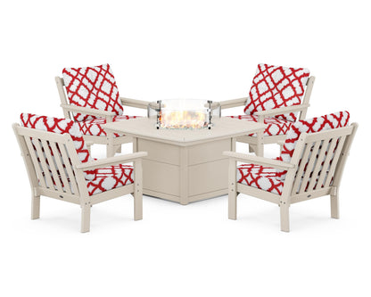 POLYWOOD® Vineyard 5-Piece Conversation Set with Fire Pit Table in Sand / Trellis Crimson