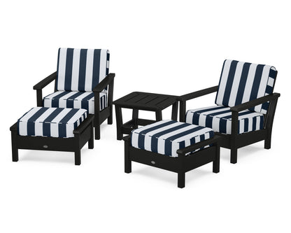 POLYWOOD® Harbour 5-Piece Deep Seating Chair Set in Black / Cabana Stripe Marine Indigo