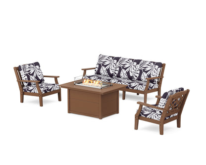 Martha Stewart by POLYWOOD® Chinoiserie Deep Seating Fire Pit Table Set in Teak / Leaf Navy