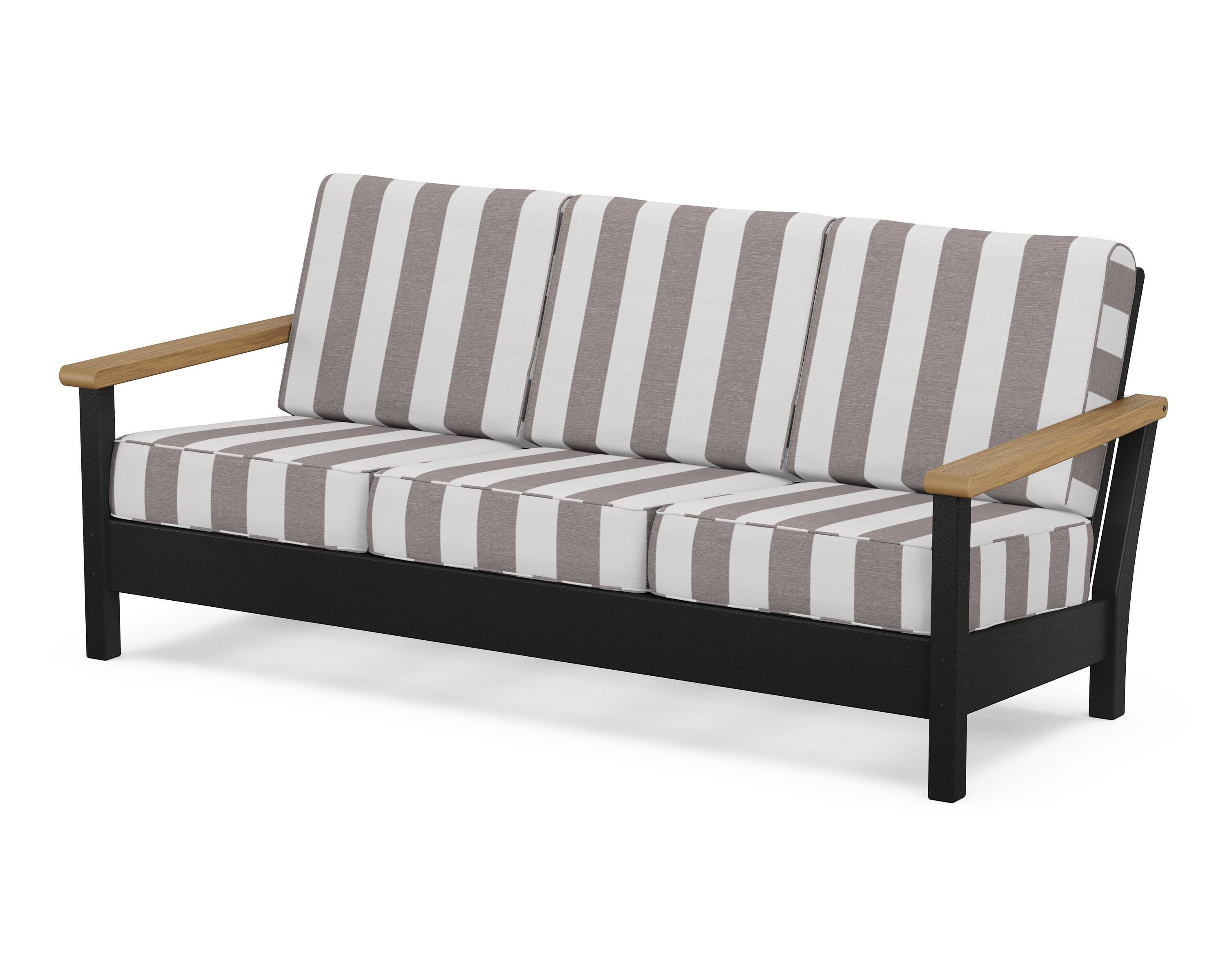 POLYWOOD® Harbour Deep Seating Sofa in Black / Natural / Cabana Stripe Grey Mist
