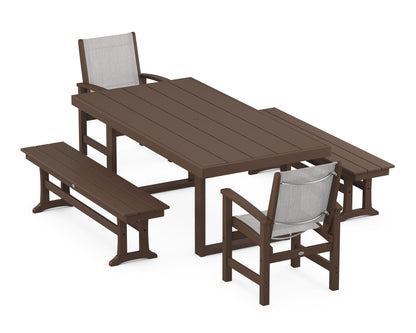 POLYWOOD® Coastal 5-Piece Dining Set with Trestle Legs in Mahogany / Parchment Sling