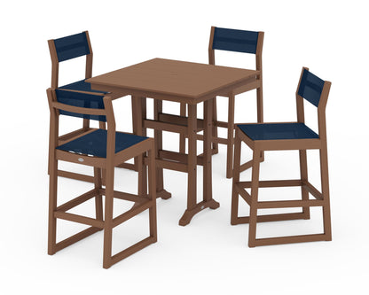 POLYWOOD® EDGE Sling Arm Chair 5-Piece Farmhouse Bar Set with Trestle Legs in Teak / Navy Blue Sling