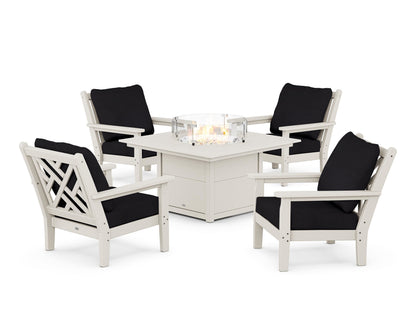 POLYWOOD® Chippendale 5-Piece Deep Seating Set with Fire Pit Table in Sand / Midnight Linen