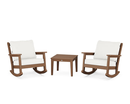 POLYWOOD® Chippendale 3-Piece Deep Seating Rocker Set in Teak / Natural Linen