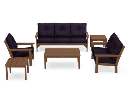 POLYWOOD® Vineyard 6-Piece Deep Seating Set in Teak / Navy Linen