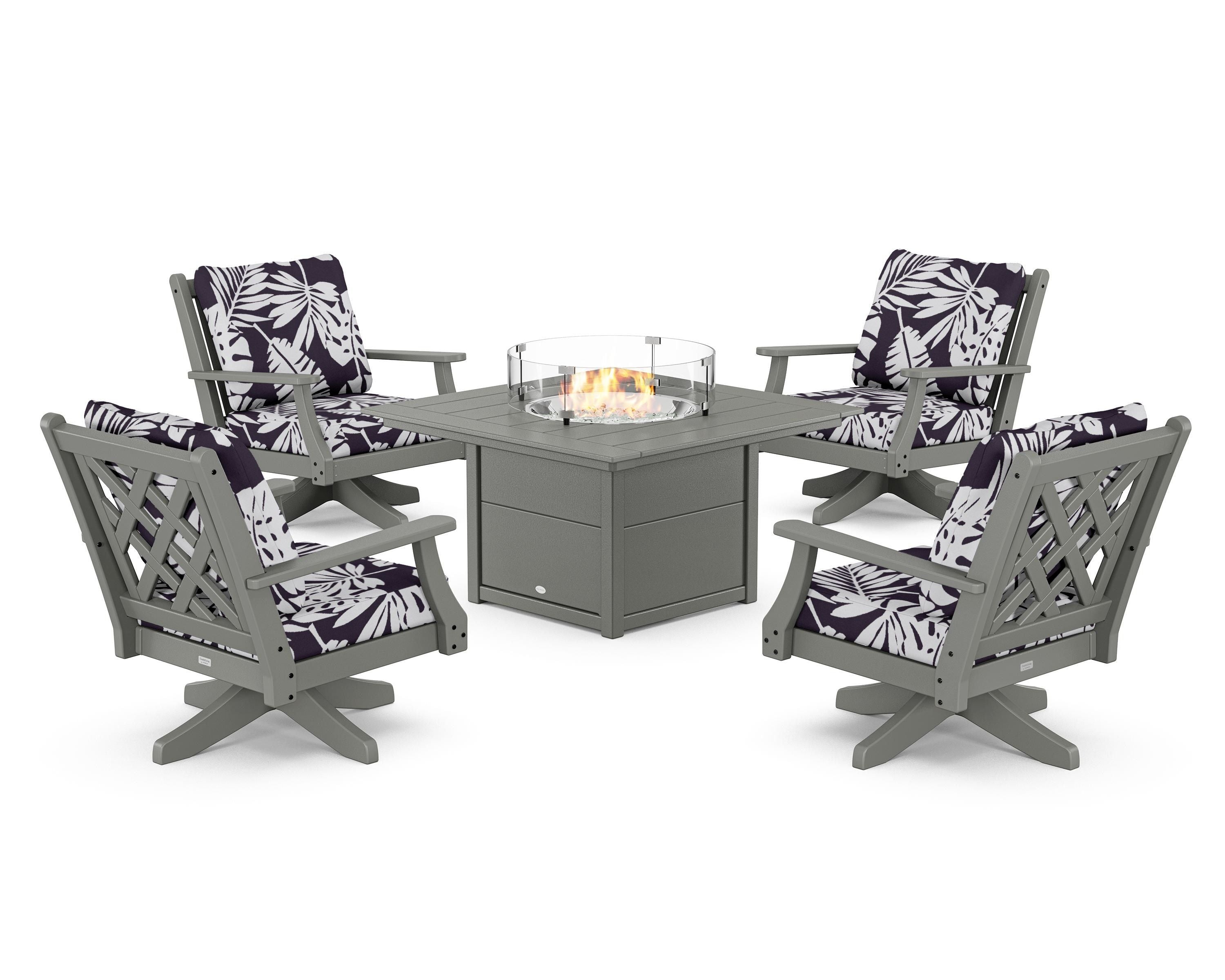 Country Living Wovendale 5-Piece Deep Seating Swivel Conversation Set with Fire Pit Table in Slate Grey / Leaf Navy