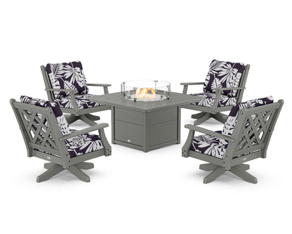 Country Living Wovendale 5-Piece Deep Seating Swivel Conversation Set with Fire Pit Table in Slate Grey / Leaf Navy