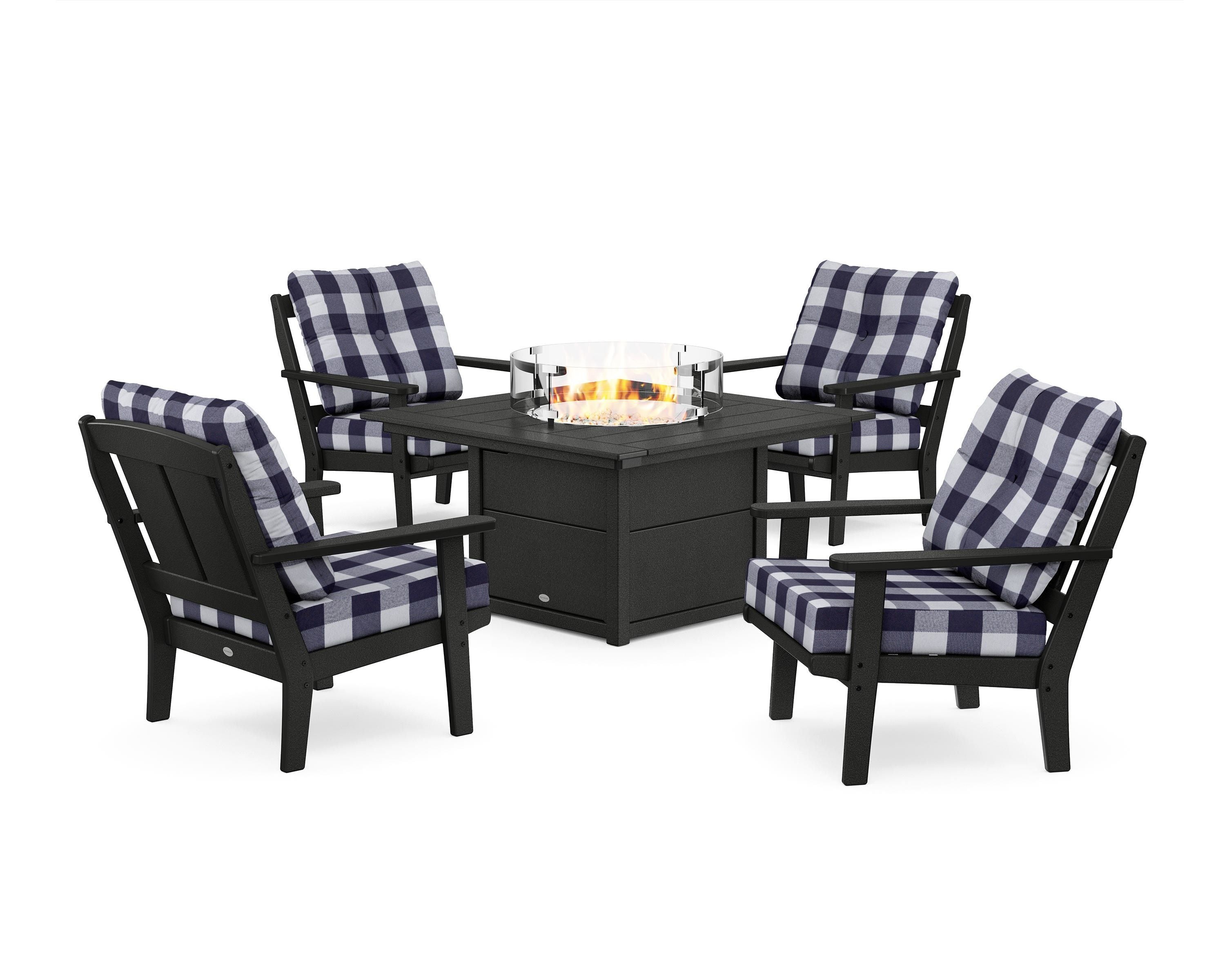 POLYWOOD® Mission 5-Piece Deep Seating Set with Fire Pit Table in Black / Buffalo Plaid Navy