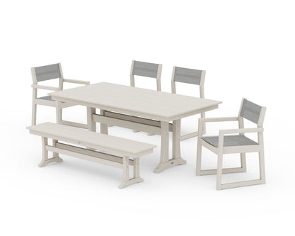 POLYWOOD® EDGE Sling 6-Piece Farmhouse Dining Set With Trestle Legs in Sand / Metallic Sling