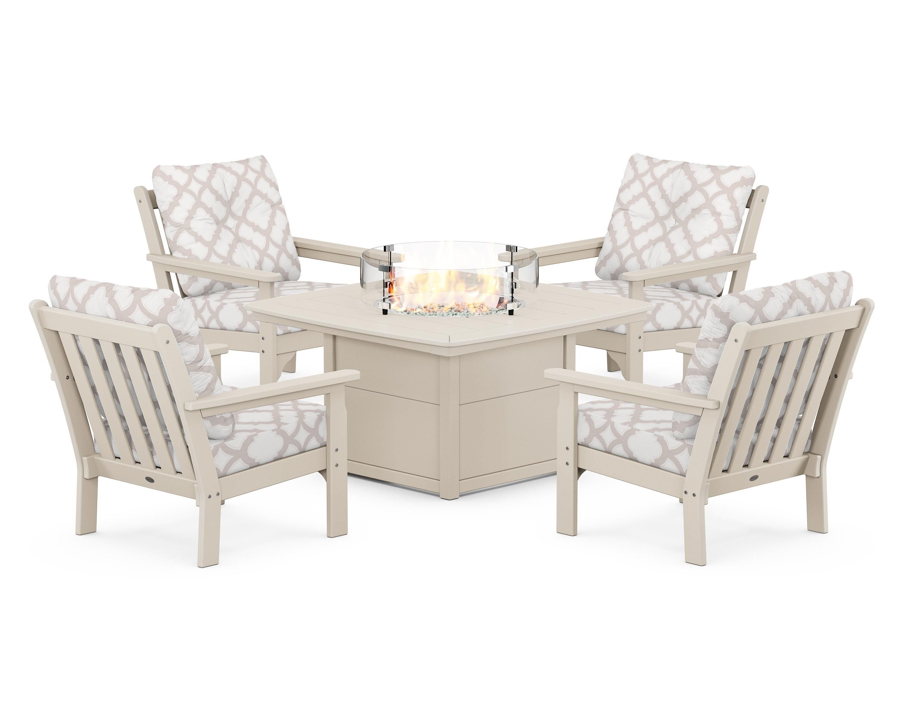 POLYWOOD® Vineyard 5-Piece Conversation Set with Fire Pit Table in Sand / Trellis Dune Burlap